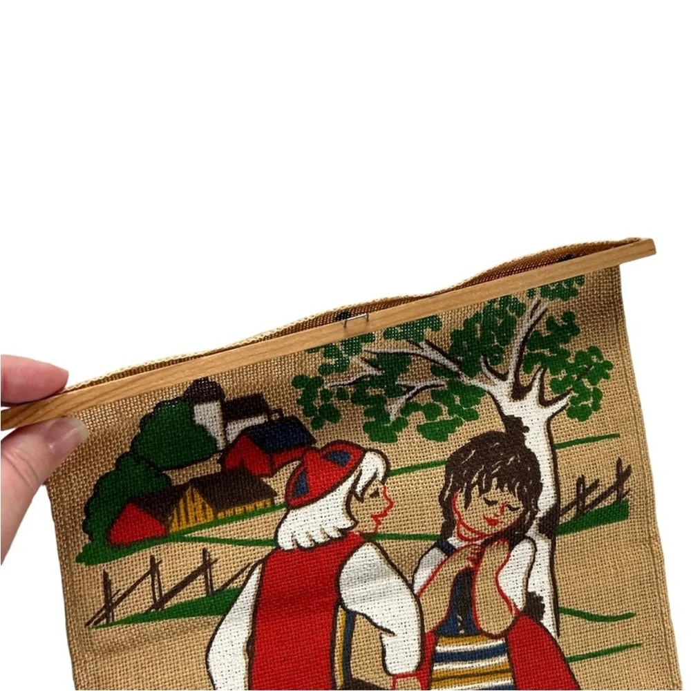 Vintage Mid-Century MCM Retro Folk Art Scandinavian Burlap Textile Wall Hanging